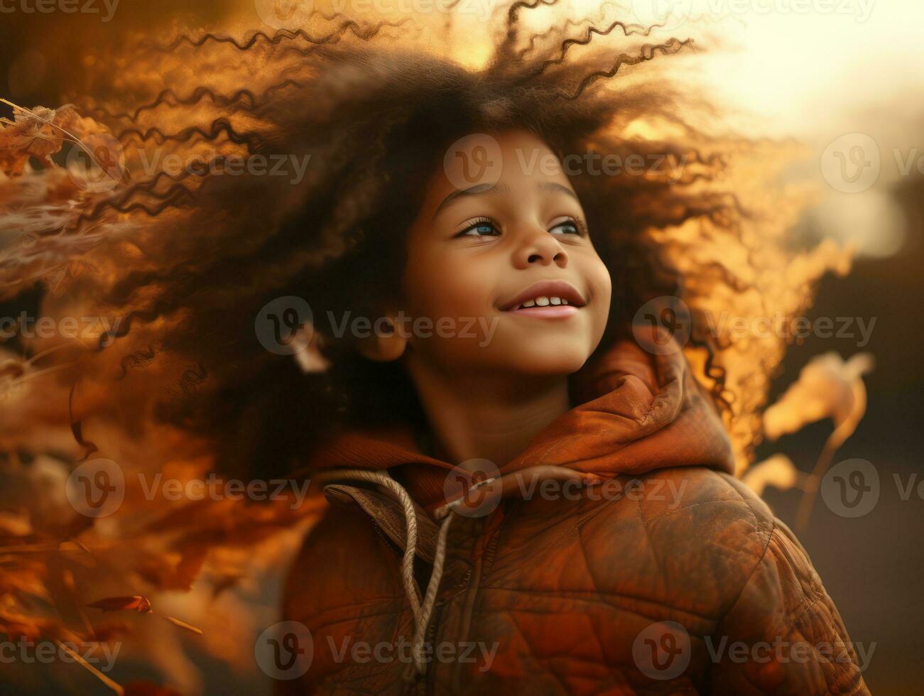 émotif dynamique pose brésilien enfant dans l'automne ai génératif photo