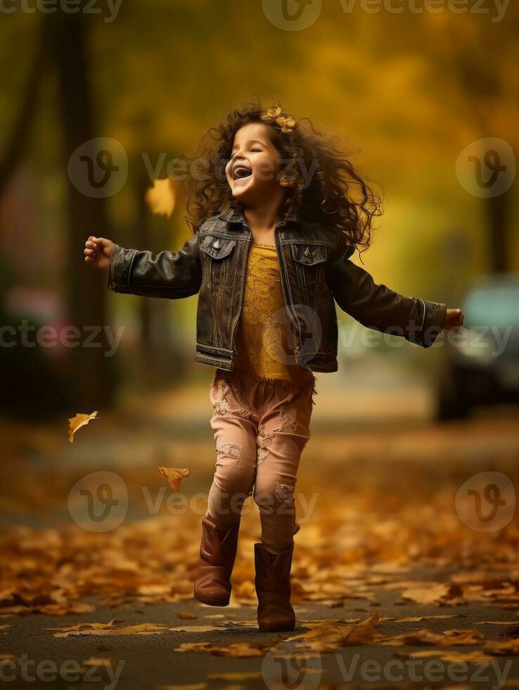 émotif dynamique pose brésilien enfant dans l'automne ai génératif photo