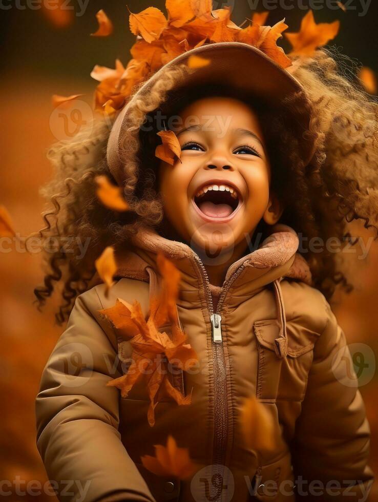 émotif dynamique pose brésilien enfant dans l'automne ai génératif photo