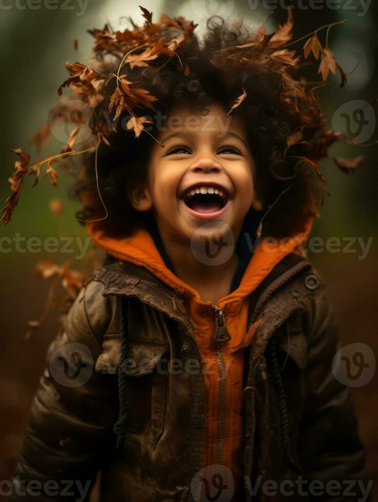 émotif dynamique pose brésilien enfant dans l'automne ai génératif photo