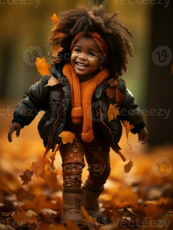 émotif dynamique pose brésilien enfant dans l'automne ai génératif photo