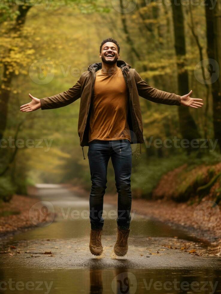 photo de émotif dynamique pose brésilien homme dans l'automne ai génératif