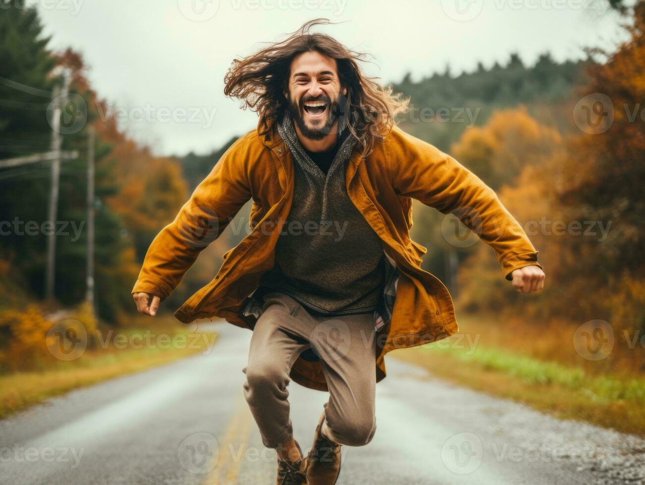 photo de émotif dynamique pose brésilien homme dans l'automne ai génératif