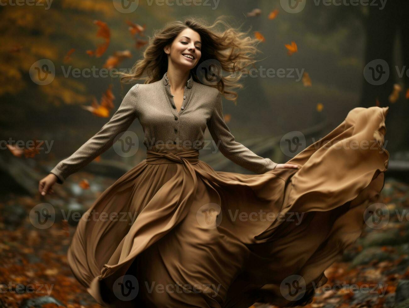 européen femme dans émotif dynamique pose sur l'automne Contexte ai génératif photo