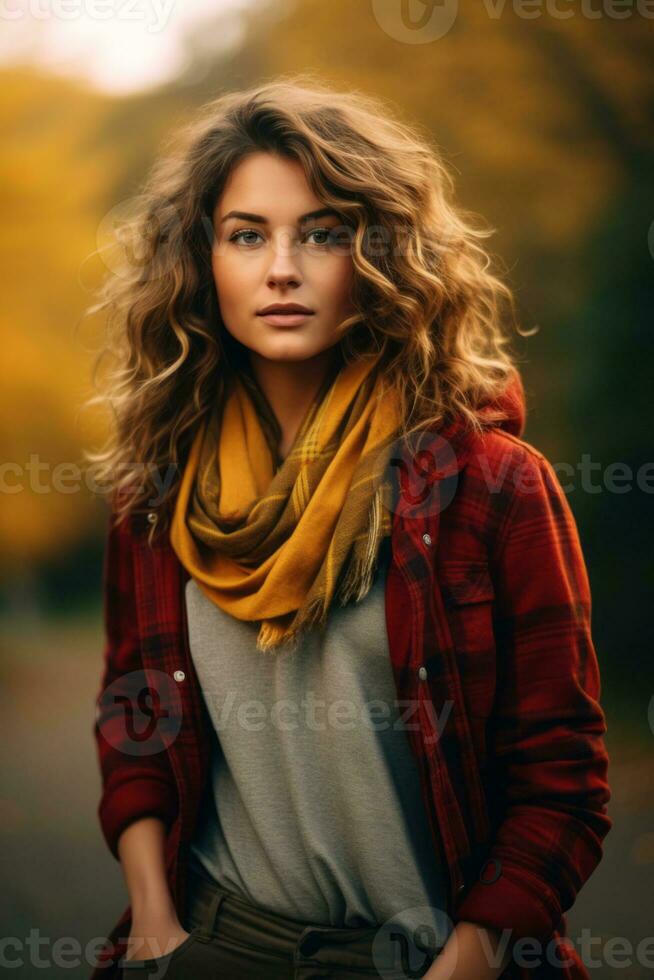 européen femme dans émotif dynamique pose sur l'automne Contexte ai génératif photo