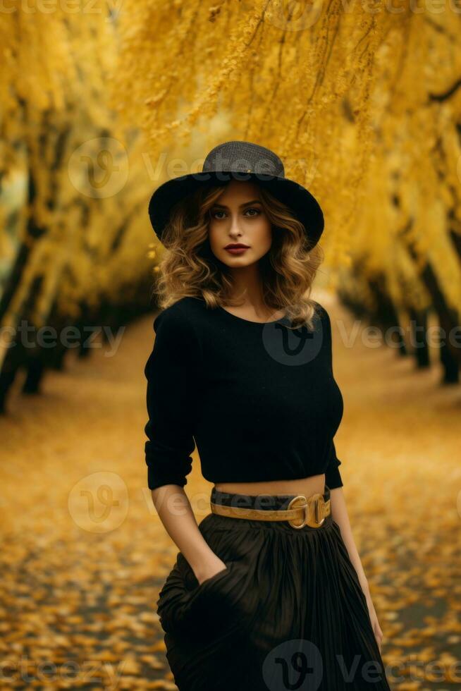 européen femme dans émotif dynamique pose sur l'automne Contexte ai génératif photo