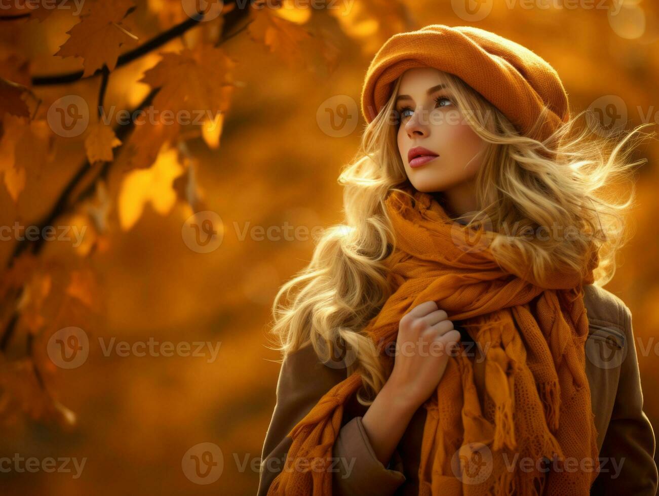 européen femme dans émotif dynamique pose sur l'automne Contexte ai génératif photo