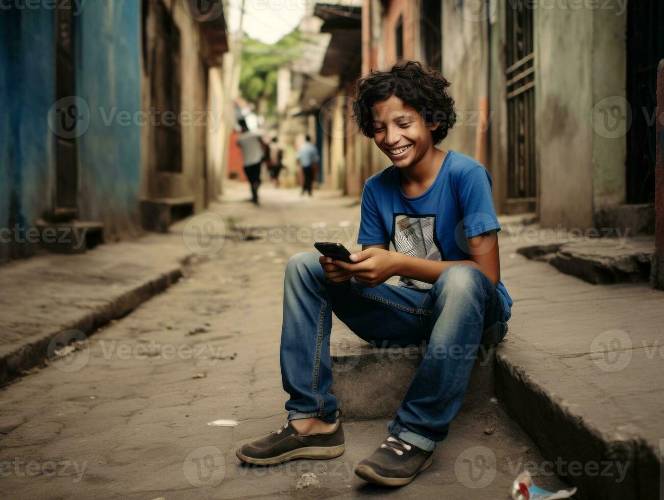 adolescent de Colombie en utilisant une téléphone intelligent pour en jouant Jeux ai génératif photo