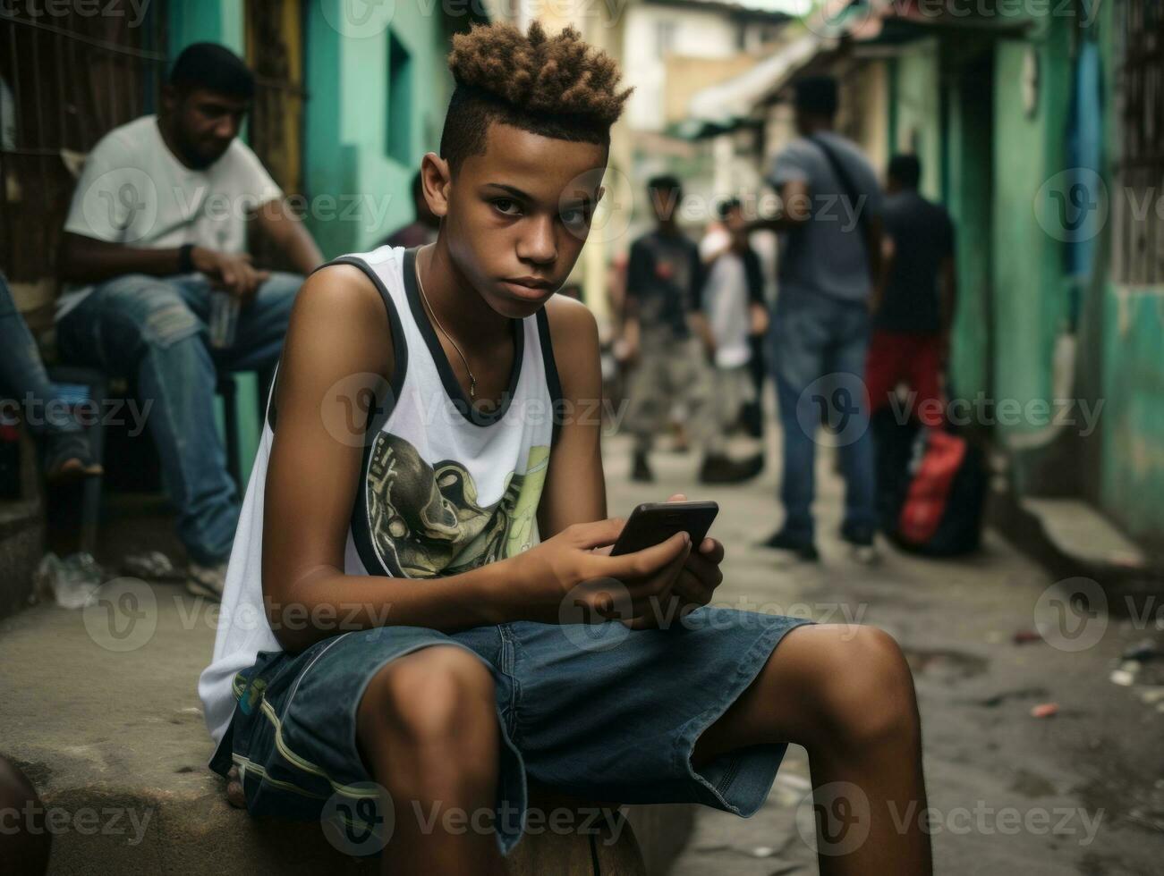 adolescent de Colombie en utilisant une téléphone intelligent pour en jouant Jeux ai génératif photo