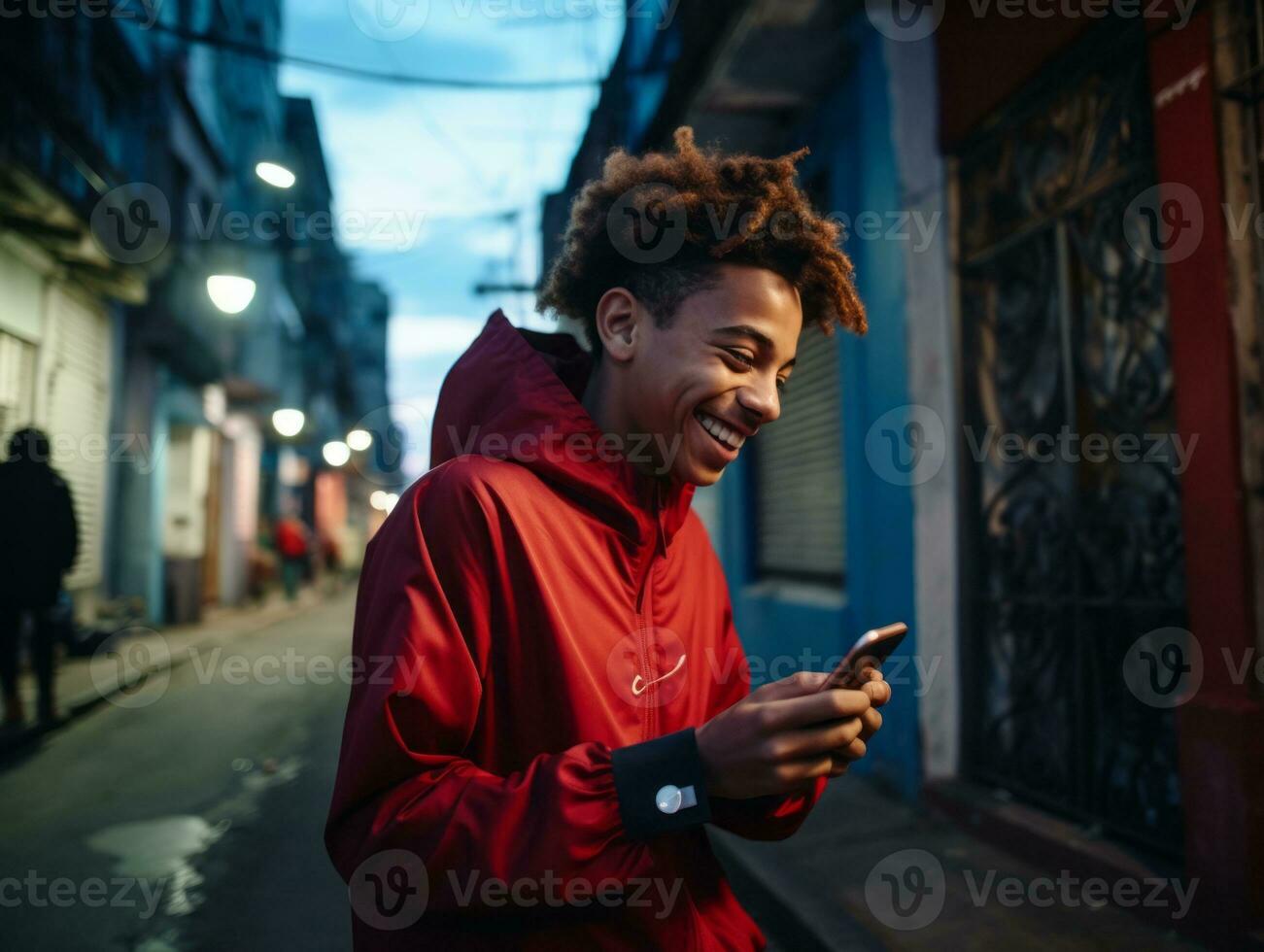 adolescent de Colombie en utilisant une téléphone intelligent pour en jouant Jeux ai génératif photo