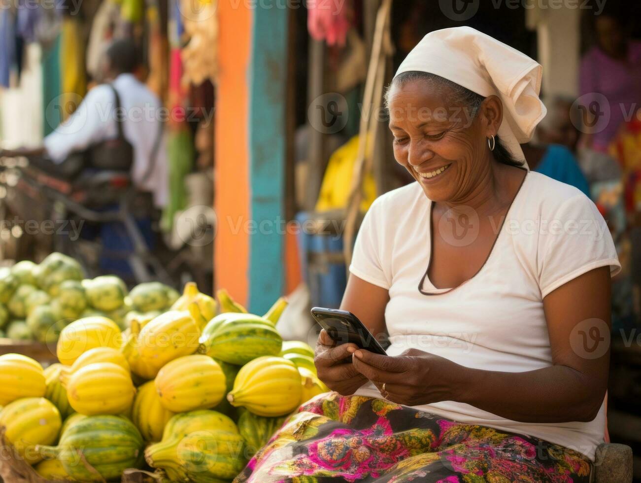 femme de Colombie en utilisant téléphone intelligent pour en ligne la communication ai génératif photo