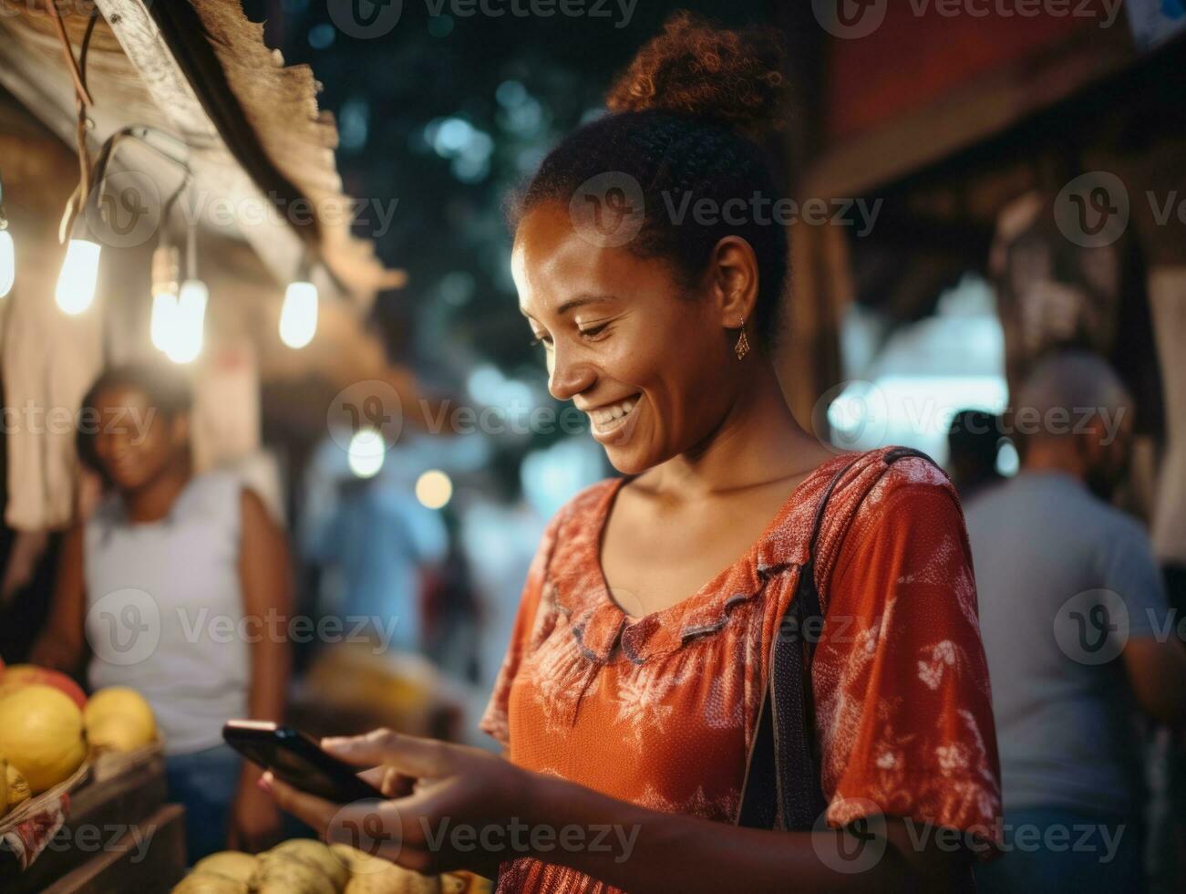 femme de Colombie en utilisant téléphone intelligent pour en ligne la communication ai génératif photo