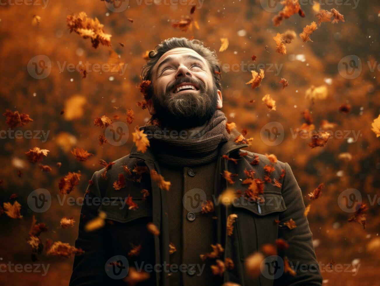 européen homme dans émotif dynamique pose sur l'automne Contexte ai génératif photo