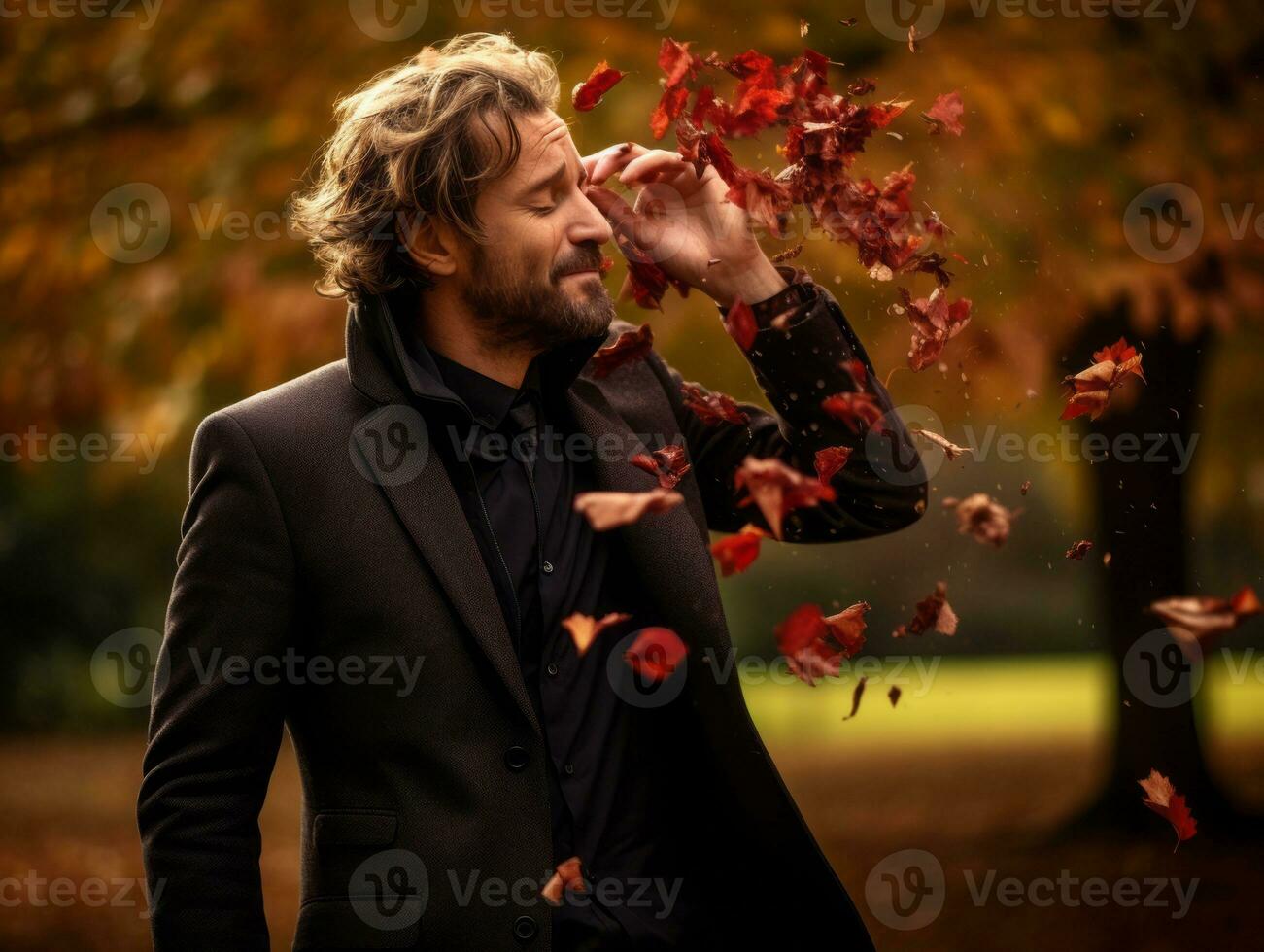 européen homme dans émotif dynamique pose sur l'automne Contexte ai génératif photo