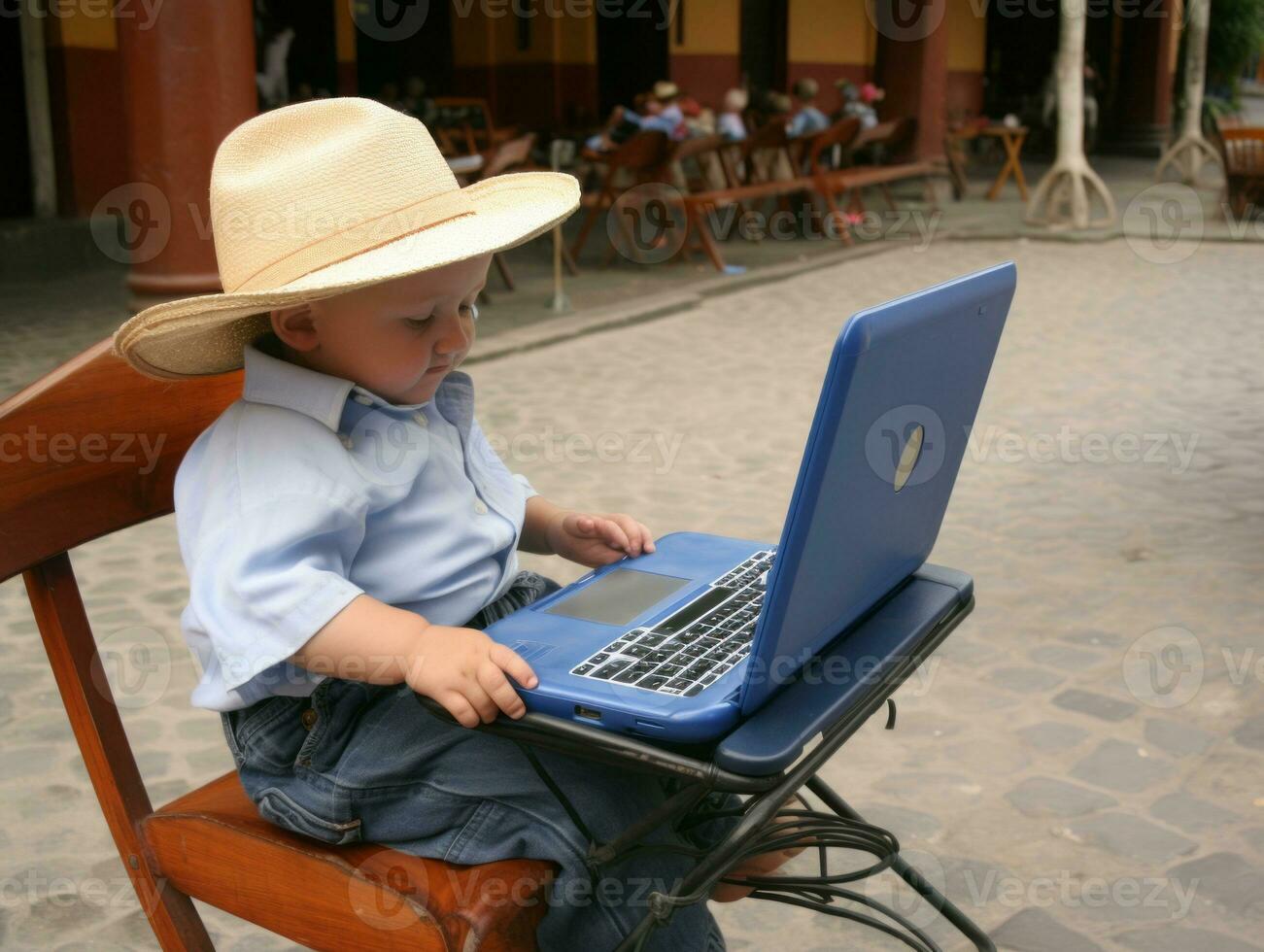 colombien enfant travail sur une portable dans une vibrant Urbain réglage ai génératif photo