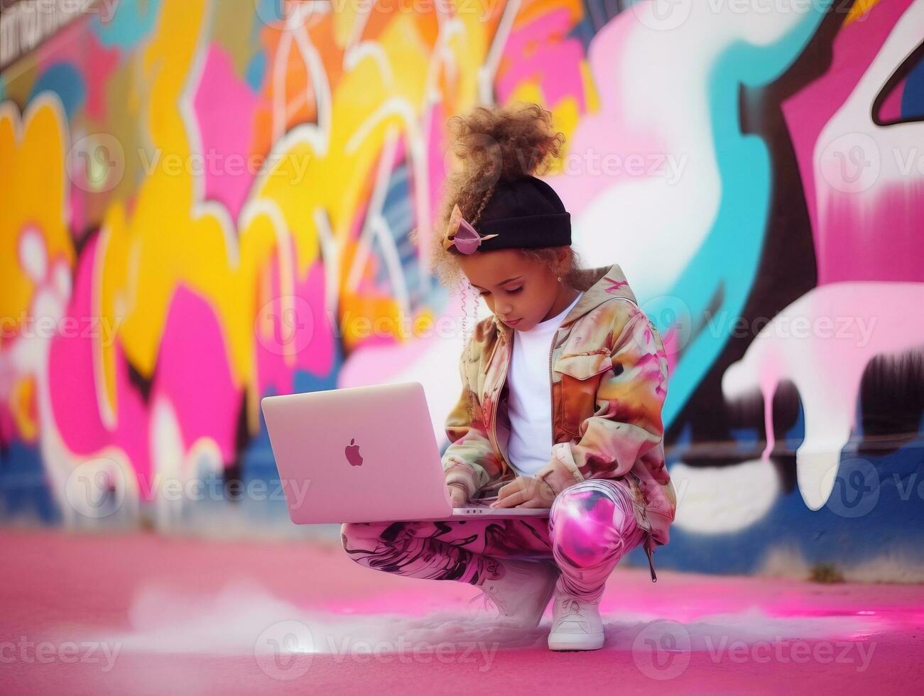 colombien enfant travail sur une portable dans une vibrant Urbain réglage ai génératif photo