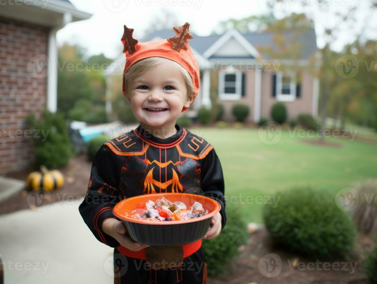 enfant dans Halloween costume en portant une bol de bonbons avec malicieux sourire ai génératif photo