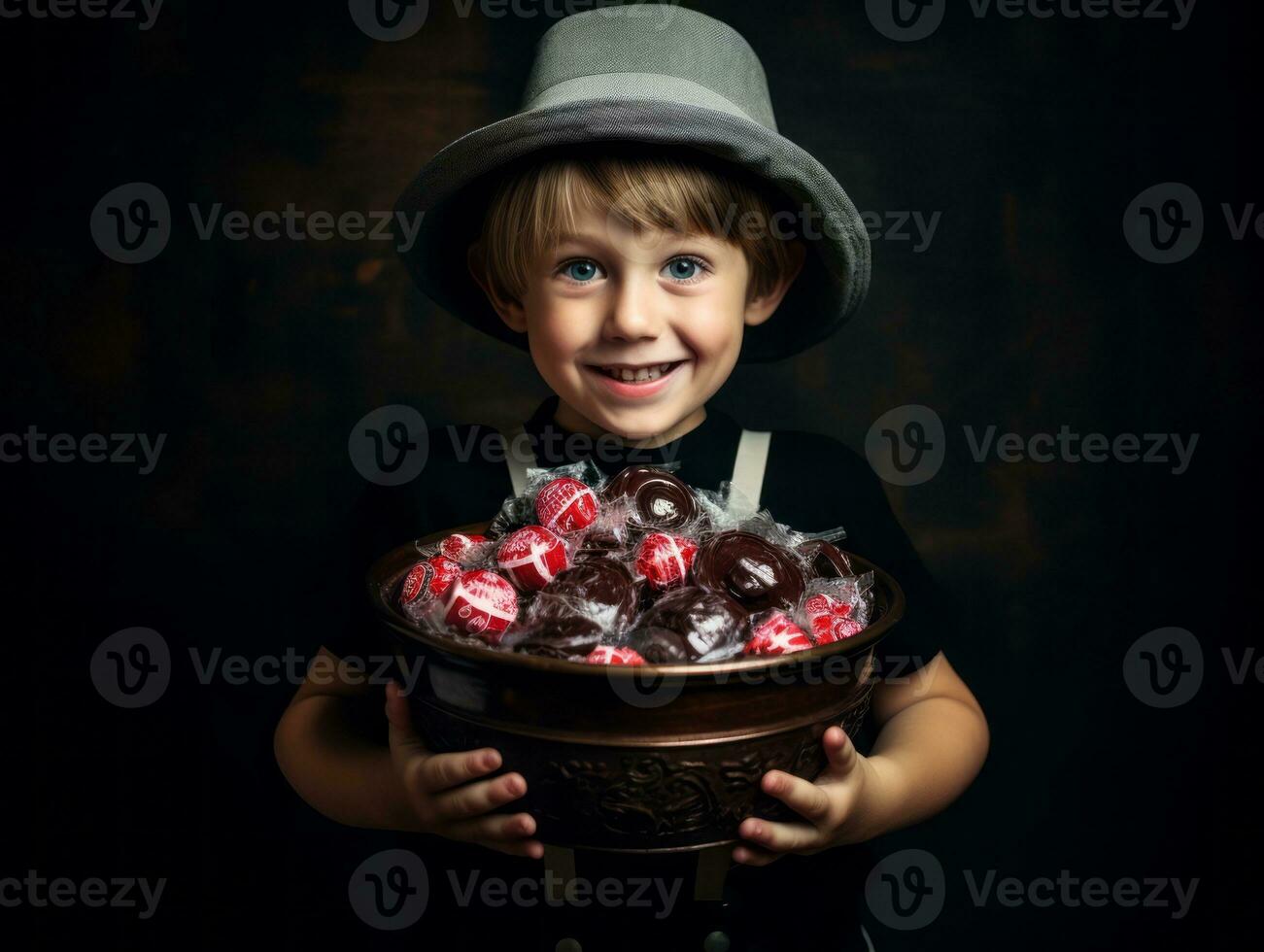 enfant dans Halloween costume en portant une bol de bonbons avec malicieux sourire ai génératif photo