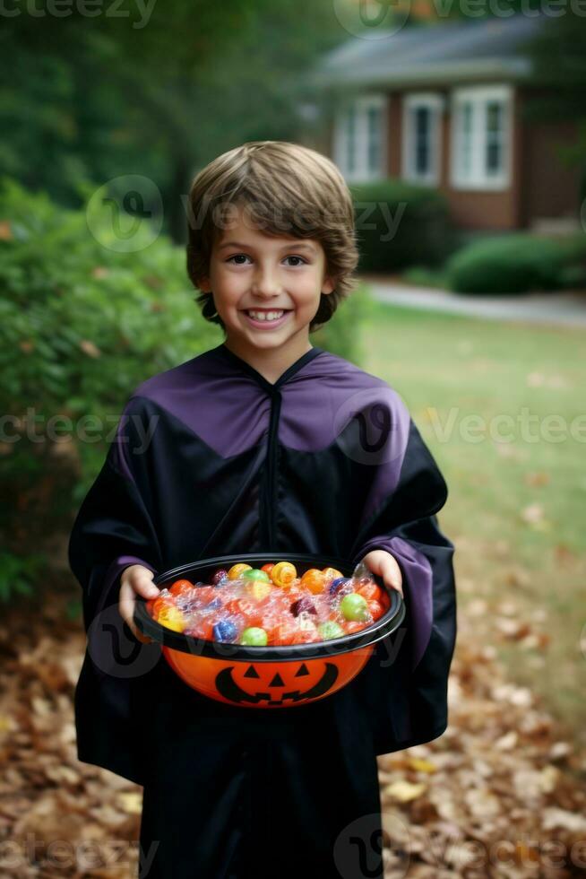 enfant dans Halloween costume en portant une bol de bonbons avec malicieux sourire ai génératif photo