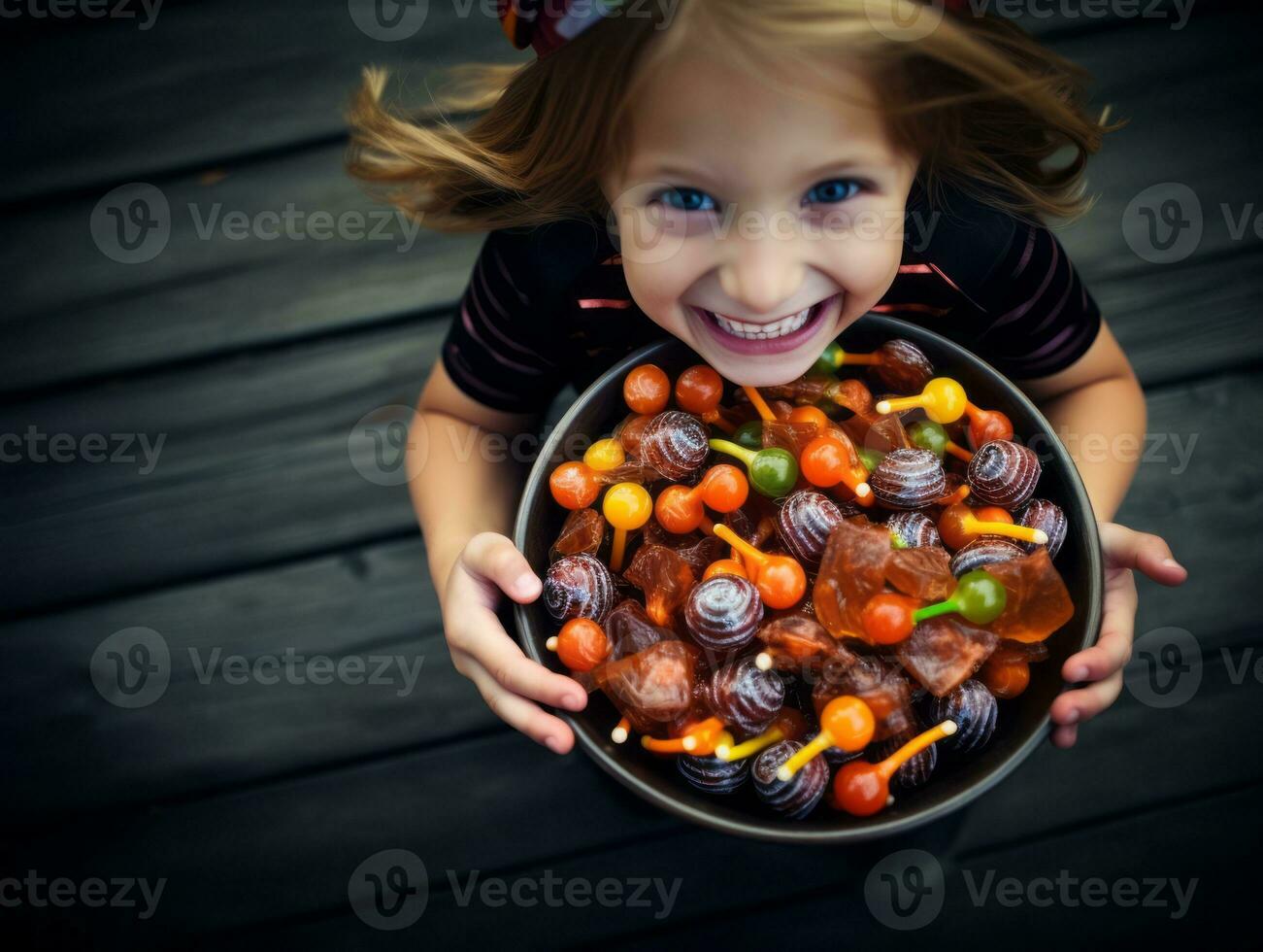 enfant dans Halloween costume en portant une bol de bonbons avec malicieux sourire ai génératif photo