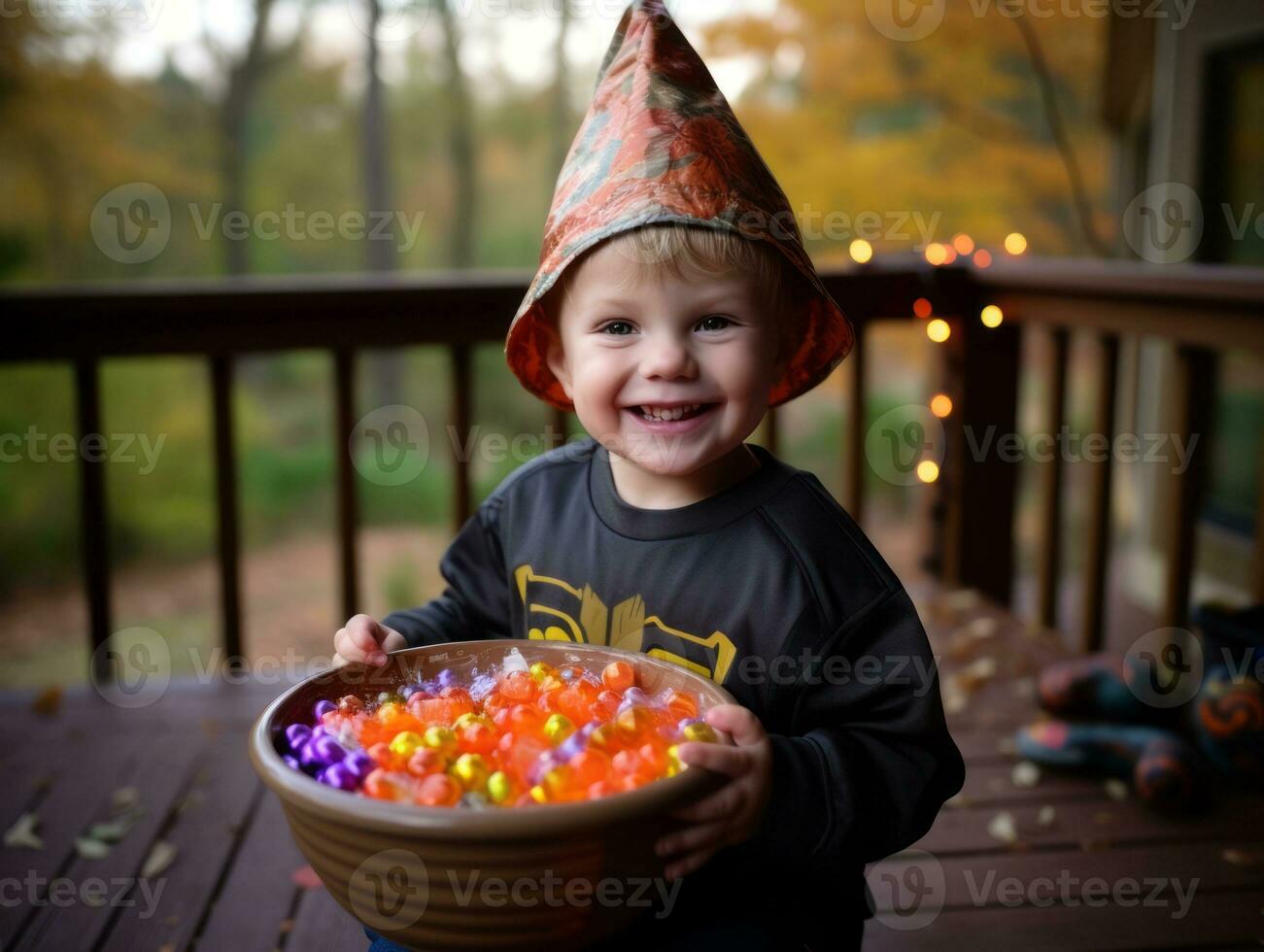 enfant dans Halloween costume en portant une bol de bonbons avec malicieux sourire ai génératif photo