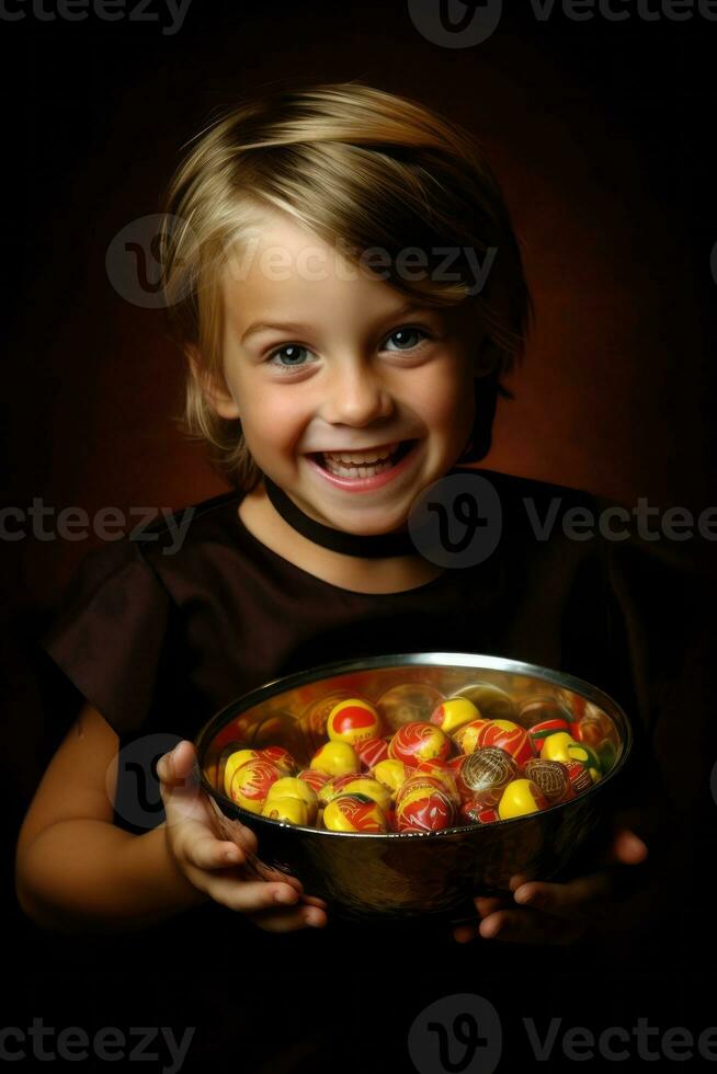 enfant dans Halloween costume en portant une bol de bonbons avec malicieux sourire ai génératif photo