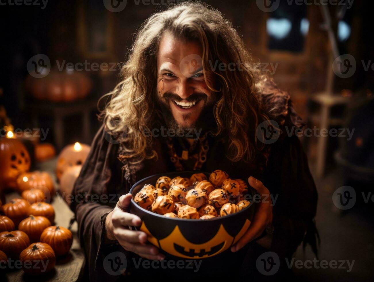 homme dans Halloween costume en portant une bol de bonbons avec malicieux sourire ai génératif photo