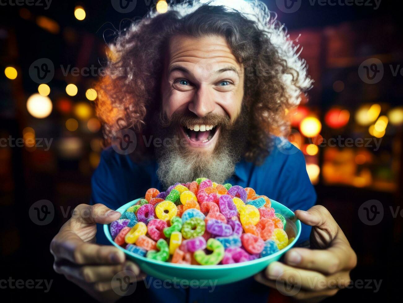 homme dans Halloween costume en portant une bol de bonbons avec malicieux sourire ai génératif photo