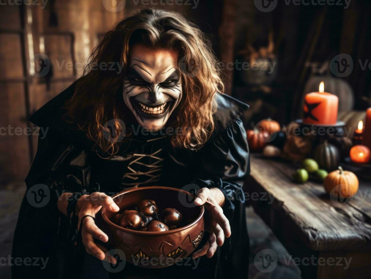 homme dans Halloween costume en portant une bol de bonbons avec malicieux sourire ai génératif photo