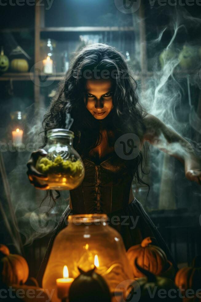 femme habillé comme une sorcière pour Halloween ai génératif photo