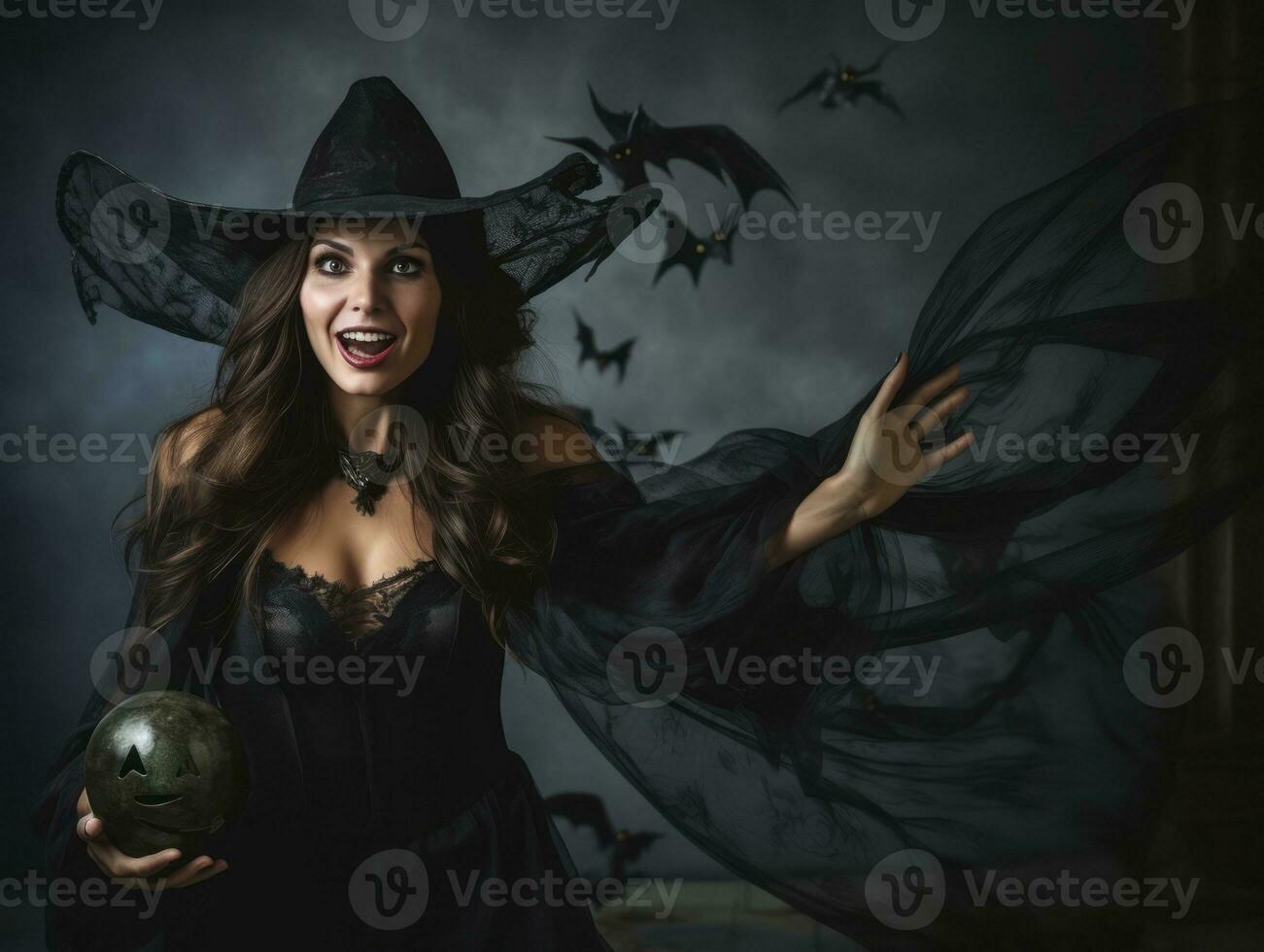 femme dans une Halloween costume avec une espiègle pose ai génératif photo