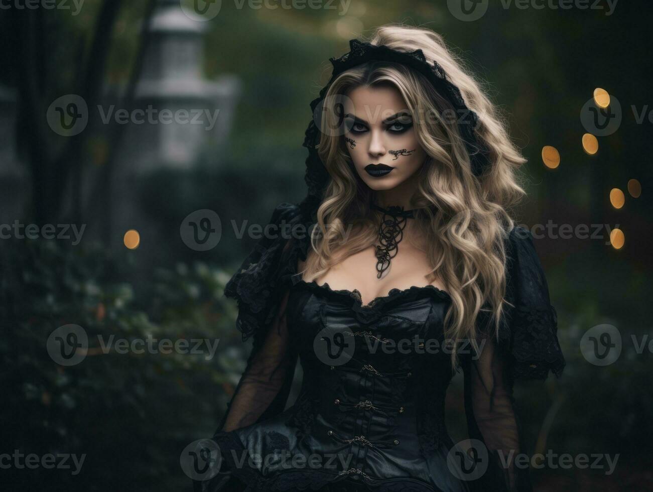 femme dans une Halloween costume avec une espiègle pose ai génératif photo