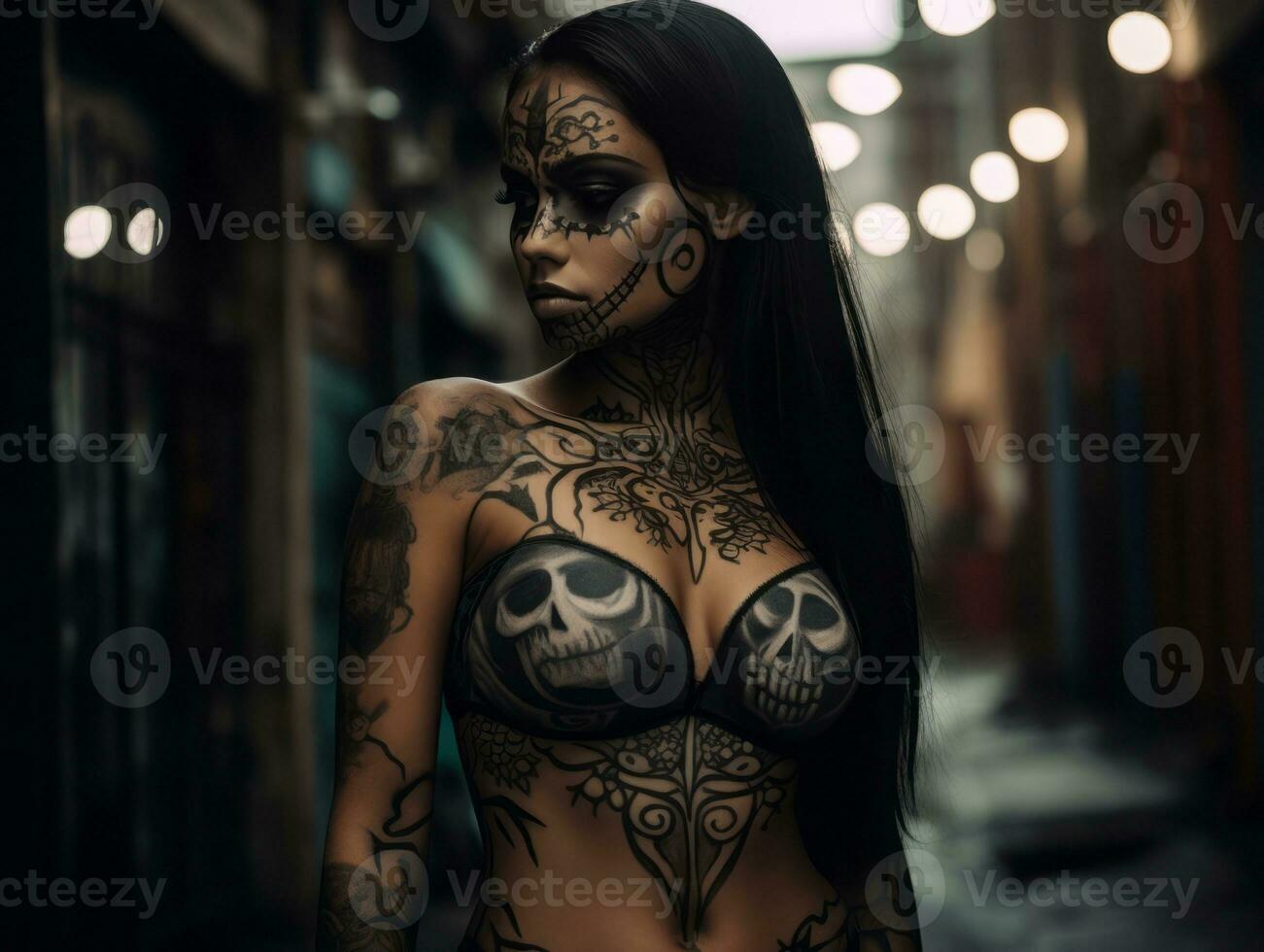 femme dans une Halloween costume avec une espiègle pose ai génératif photo