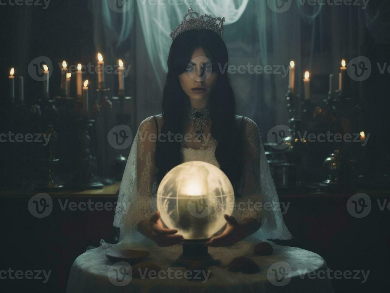 femme récit de une cristal Balle habillé comme une mystérieux fortune caissier ai génératif photo