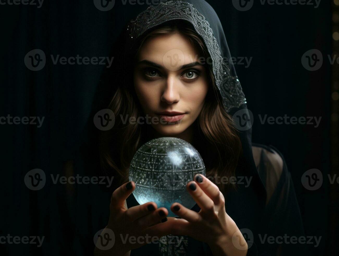 femme récit de une cristal Balle habillé comme une mystérieux fortune caissier ai génératif photo