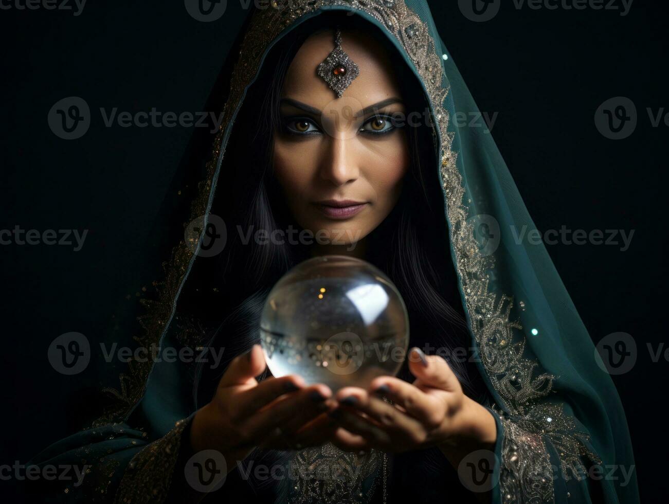 femme récit de une cristal Balle habillé comme une mystérieux fortune caissier ai génératif photo