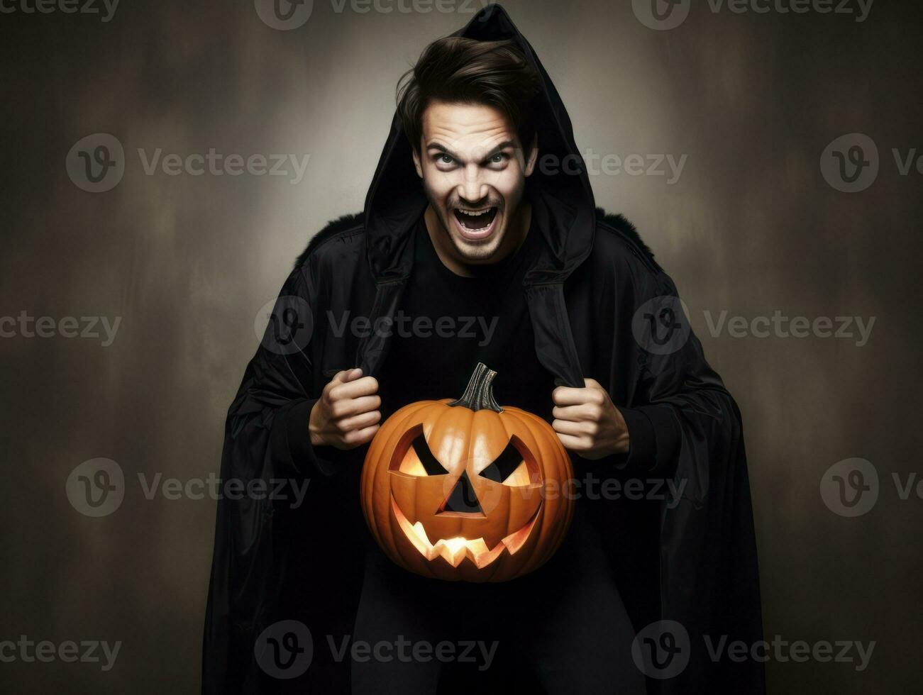 homme dans une Halloween costume avec une espiègle pose ai génératif photo