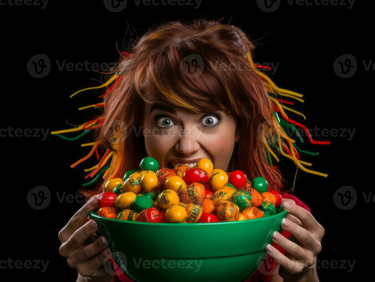 femme dans une Halloween costume en portant une bol de bonbons avec malicieux sourire ai génératif photo