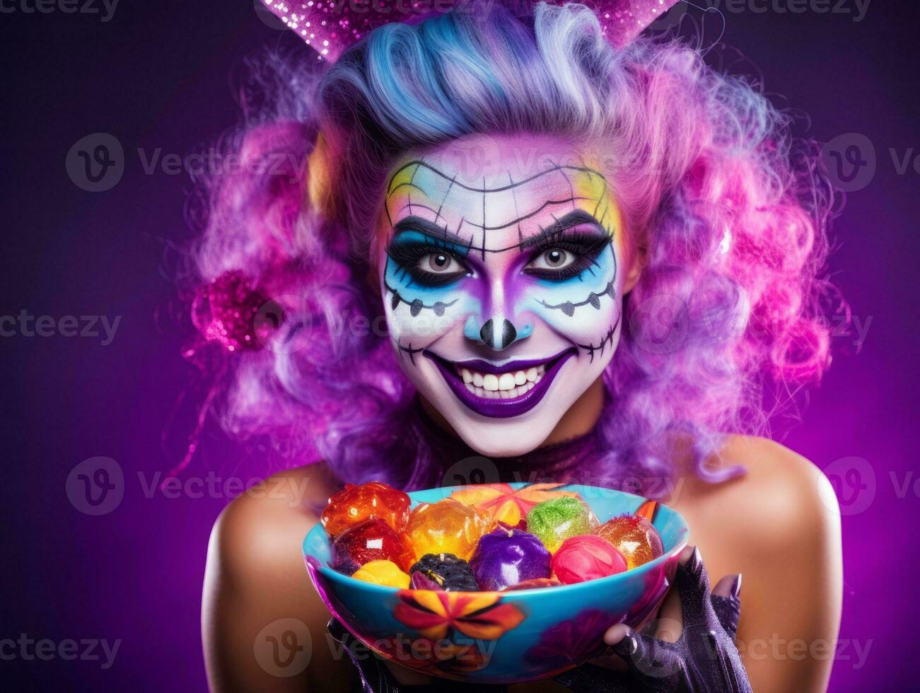 femme dans une Halloween costume en portant une bol de bonbons avec malicieux sourire ai génératif photo