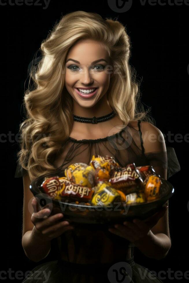 femme dans une Halloween costume en portant une bol de bonbons avec malicieux sourire ai génératif photo