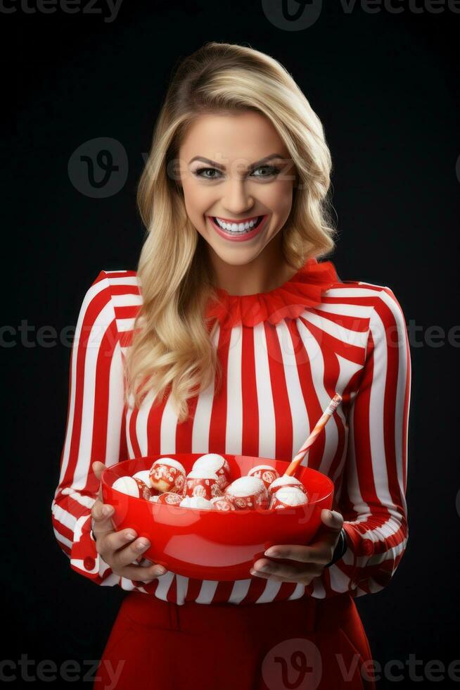 femme dans une Halloween costume en portant une bol de bonbons avec malicieux sourire ai génératif photo