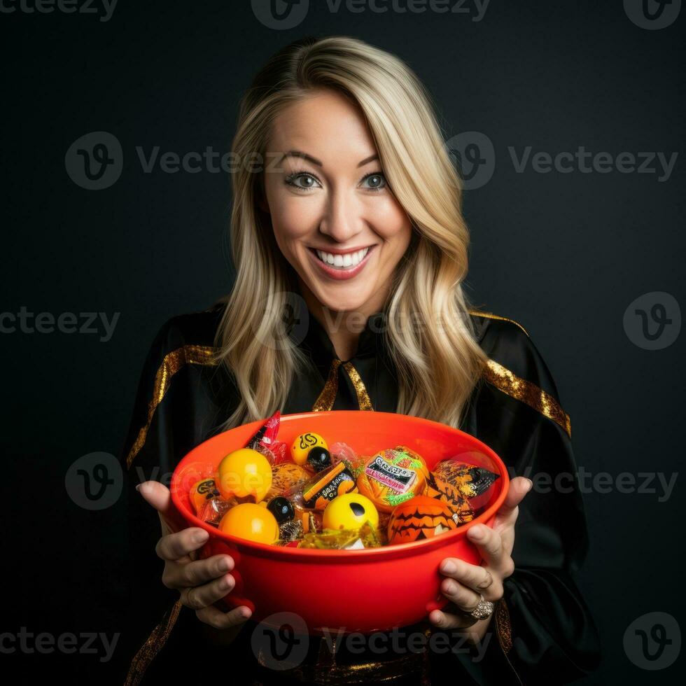 femme dans une Halloween costume en portant une bol de bonbons avec malicieux sourire ai génératif photo