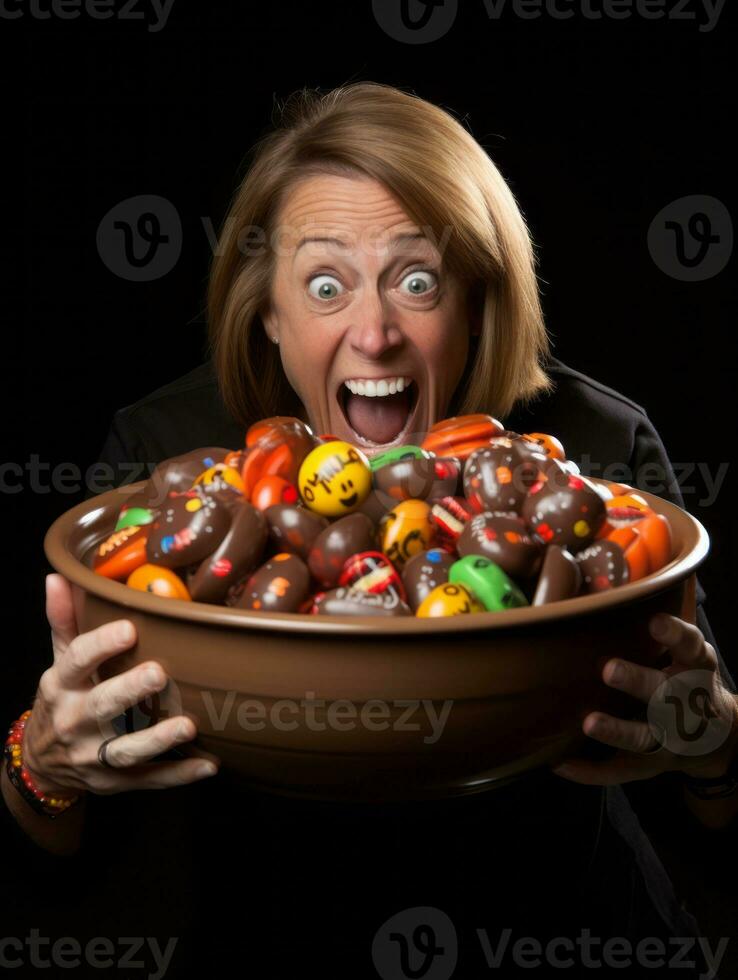 femme dans une Halloween costume en portant une bol de bonbons avec malicieux sourire ai génératif photo