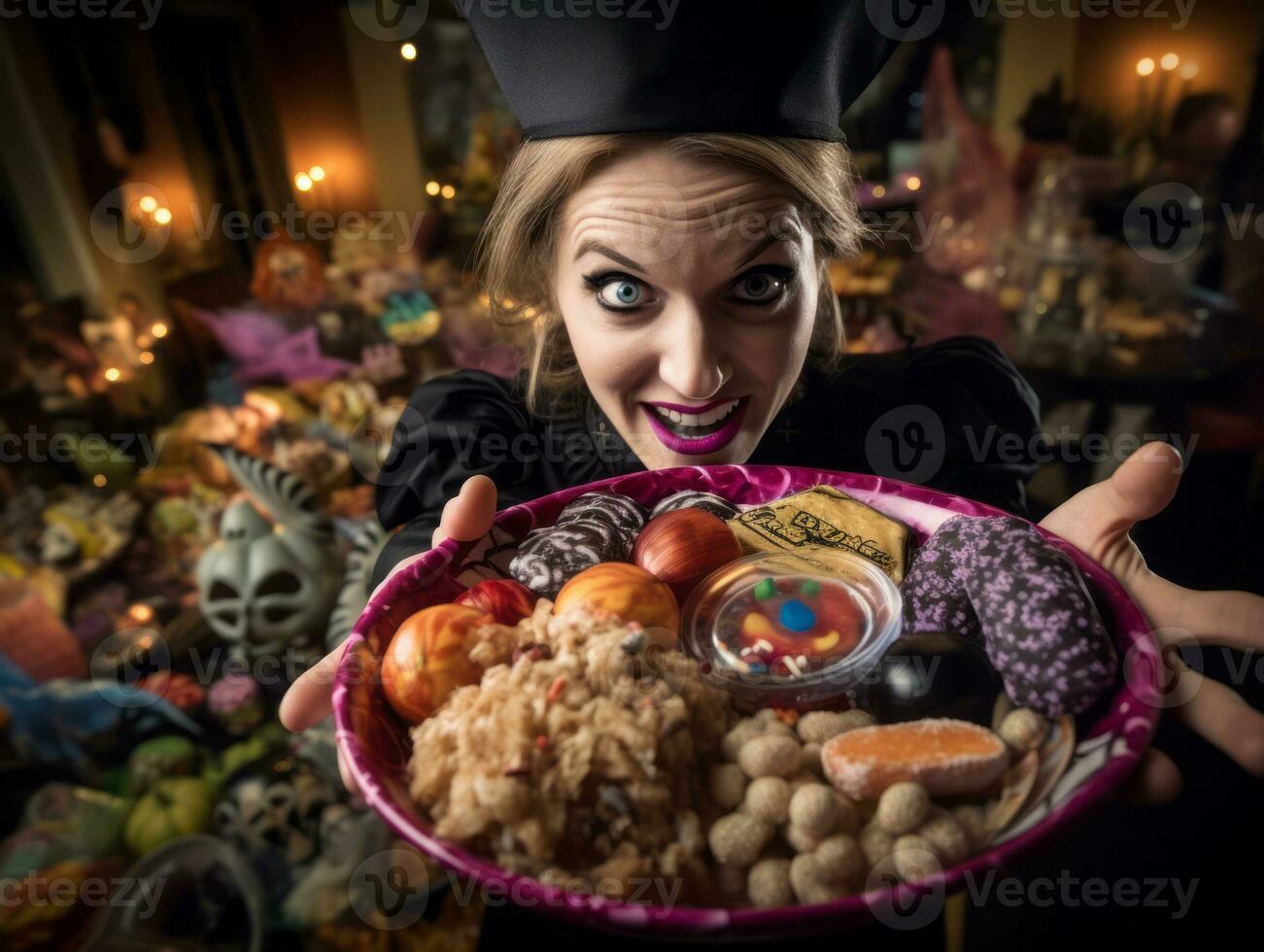 femme dans une Halloween costume en portant une bol de bonbons avec malicieux sourire ai génératif photo