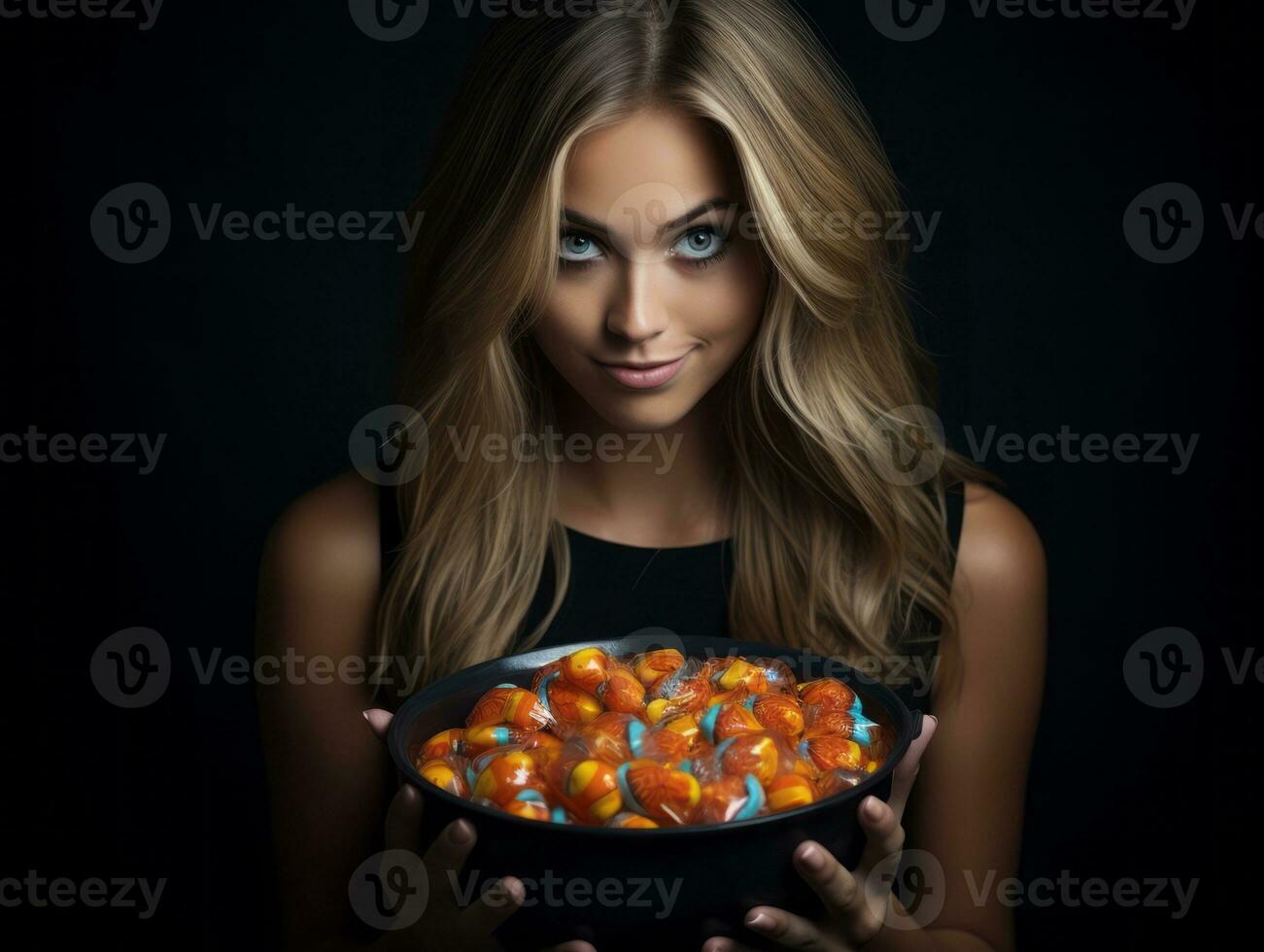 femme dans une Halloween costume en portant une bol de bonbons avec malicieux sourire ai génératif photo