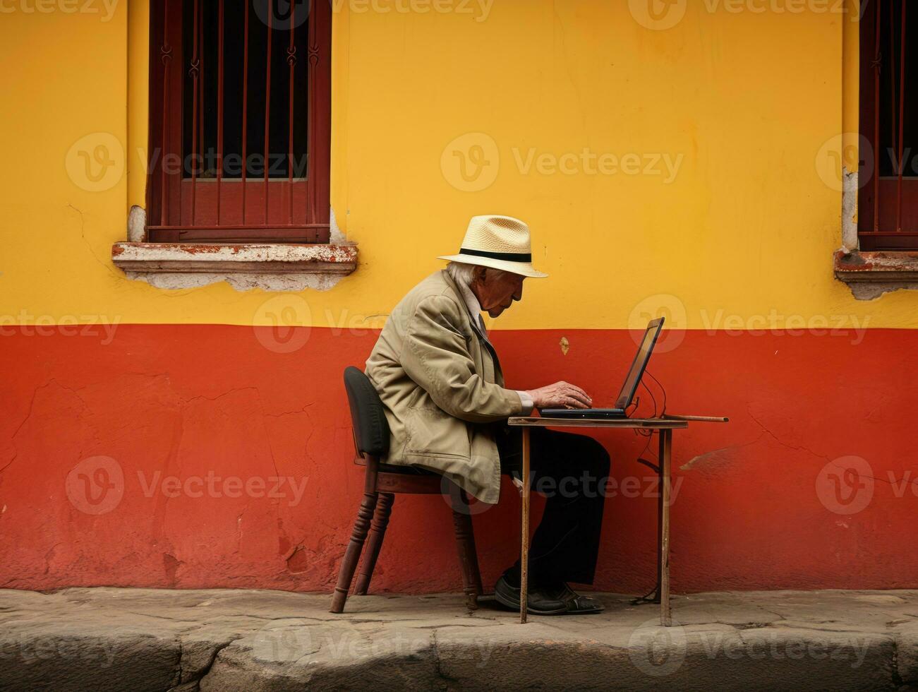 vieux colombien homme travail sur une portable dans une vibrant Urbain réglage ai génératif photo