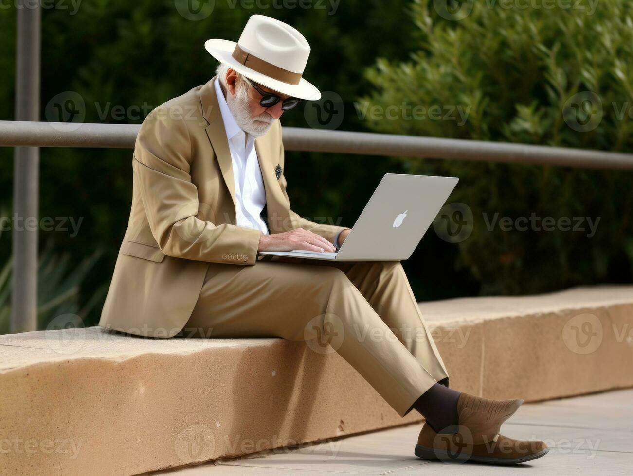 vieux colombien homme travail sur une portable dans une vibrant Urbain réglage ai génératif photo