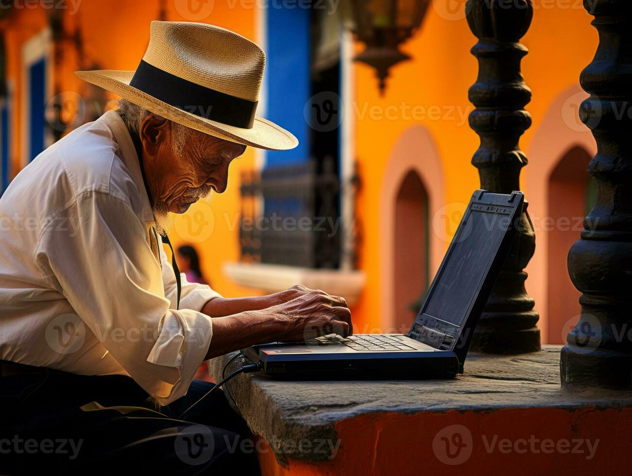 vieux colombien homme travail sur une portable dans une vibrant Urbain réglage ai génératif photo