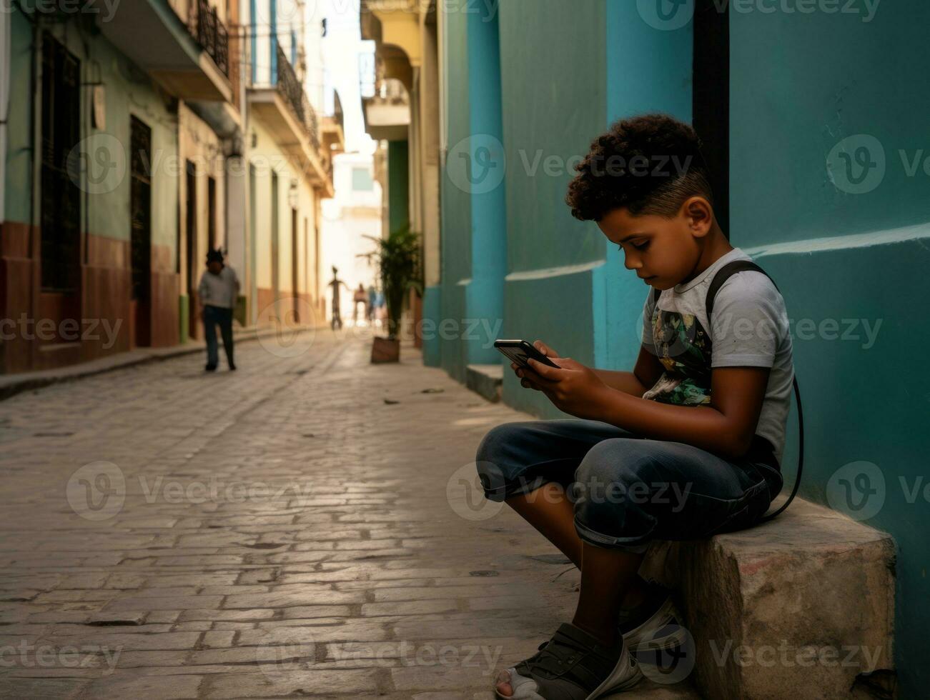 enfant de Colombie en utilisant téléphone intelligent pour en jouant Jeux ai génératif photo