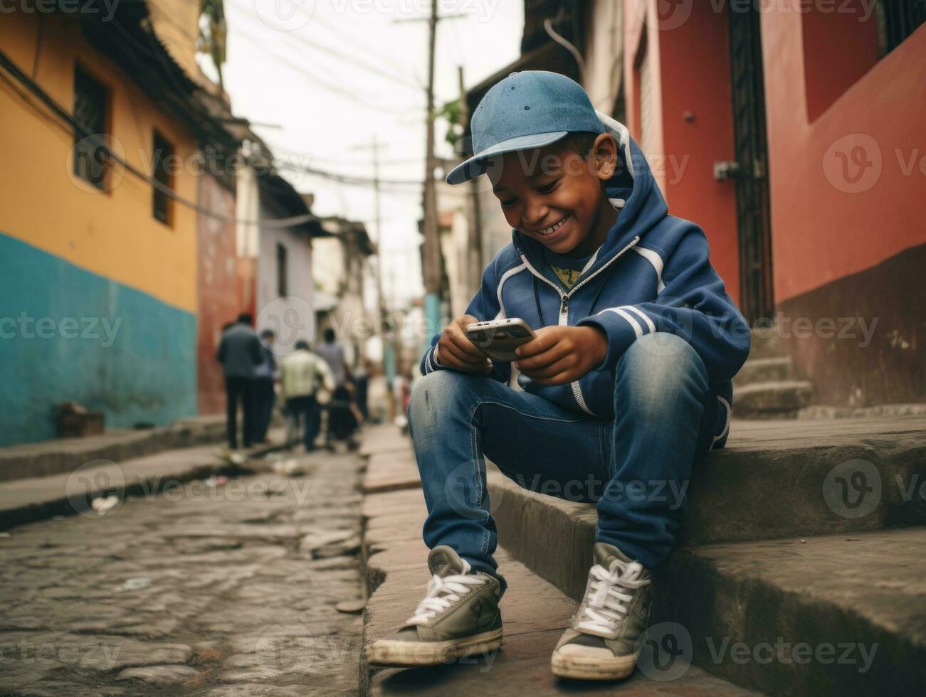 enfant de Colombie en utilisant téléphone intelligent pour en jouant Jeux ai génératif photo